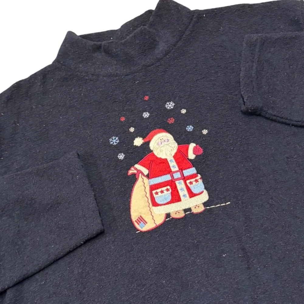 CJ Banks Women's 1X Navy Blue Mock Neck Long Sleeve Embroidered Santa Fleece